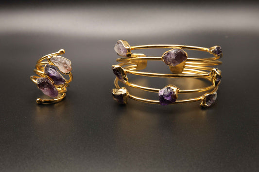 Handmade Raw Amethyst Bracelet and Amethyst Ring