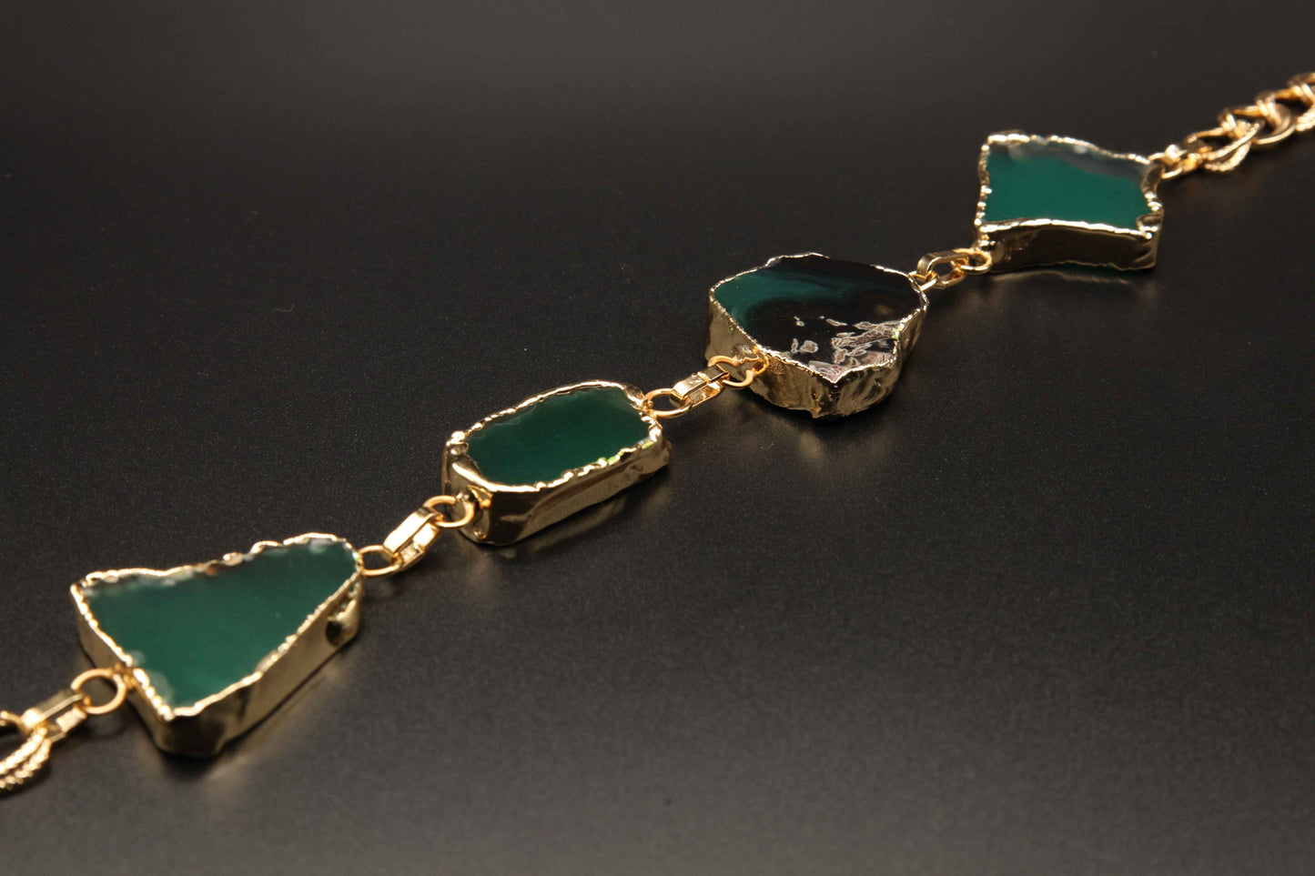 Gold Plated Green Agate Slice Bracelet