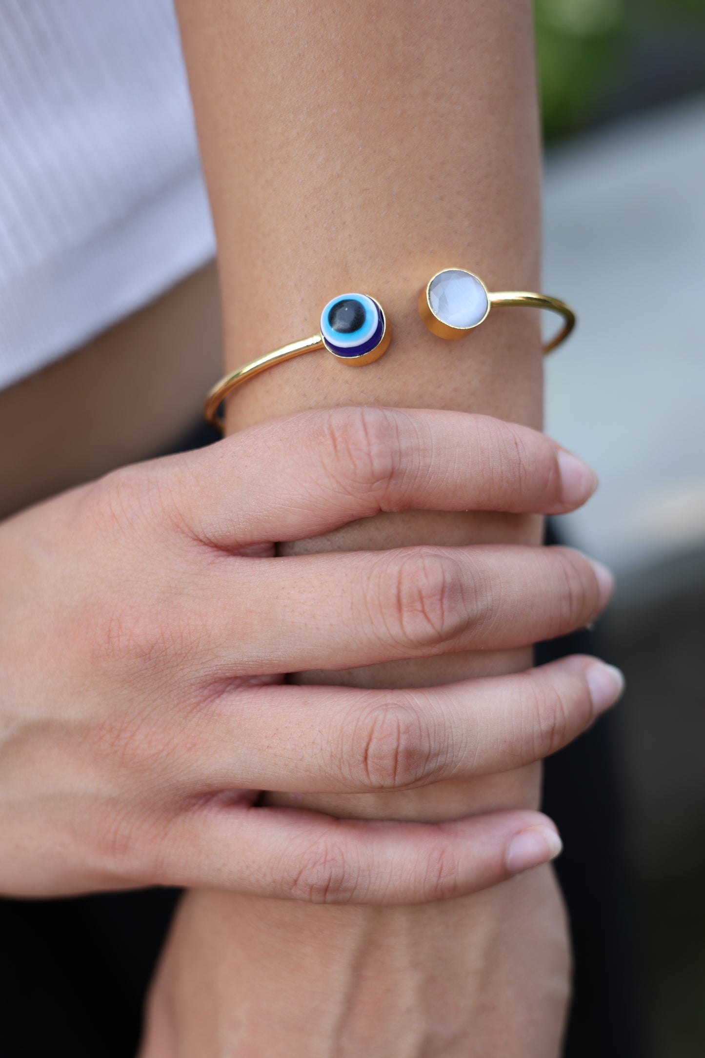 Evil Eye and Cat's Eye Gold Open Cuff Bracelet