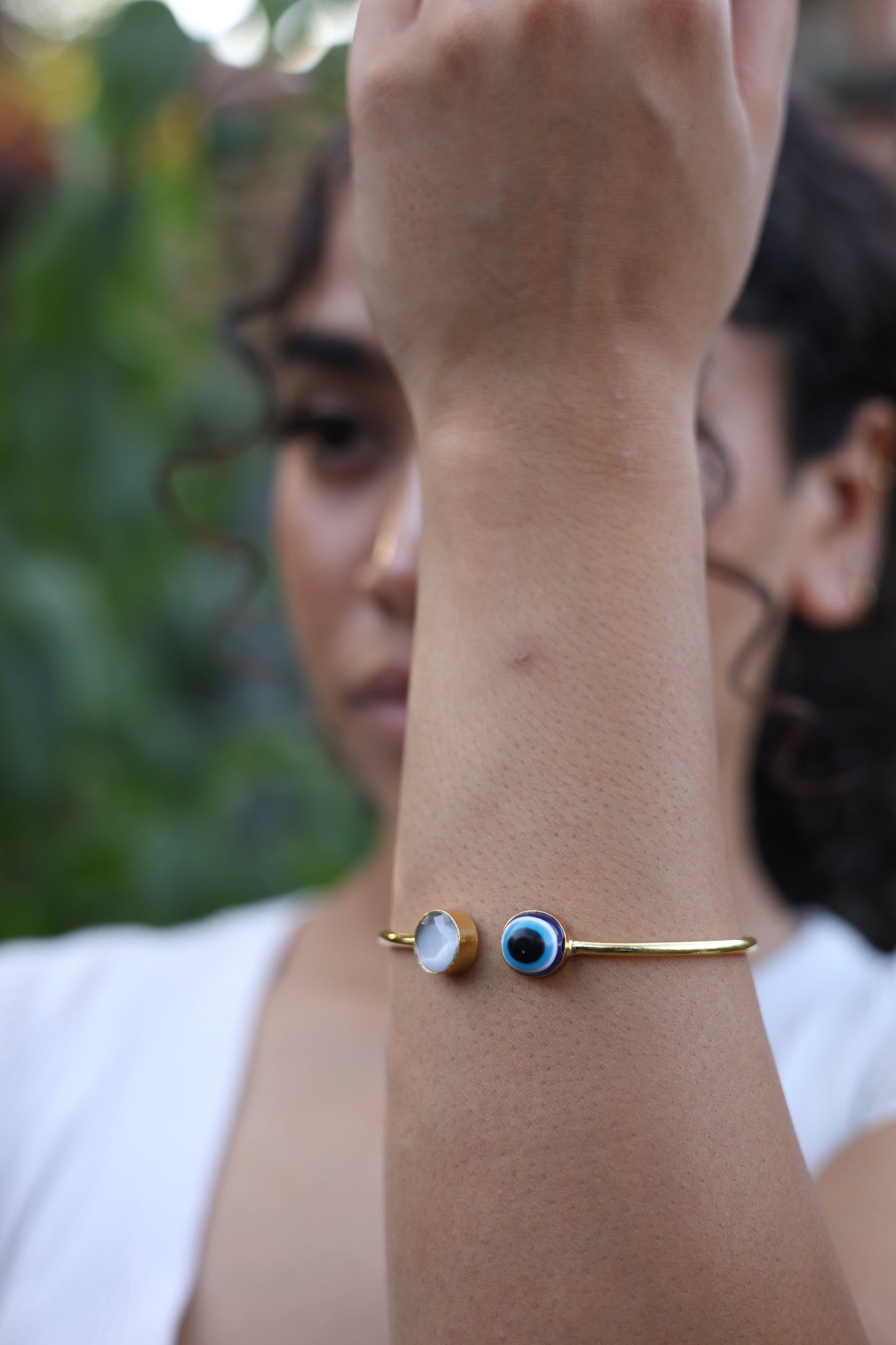 Evil Eye and Cat's Eye Gold Open Cuff Bracelet