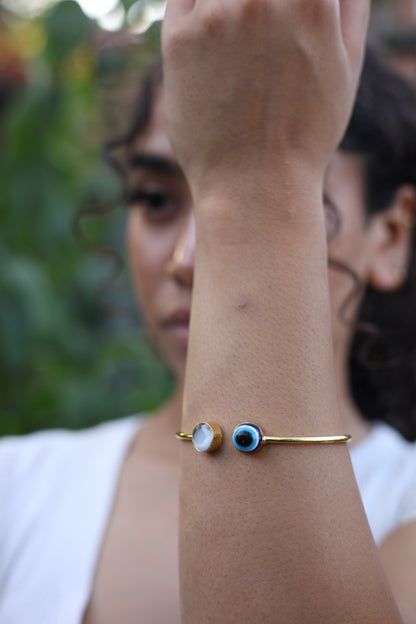 Evil Eye and Cat's Eye Gold Open Cuff Bracelet