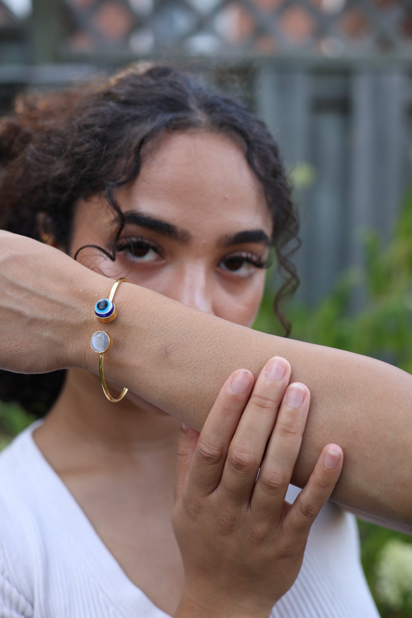Evil Eye and Cat's Eye Gold Open Cuff Bracelet