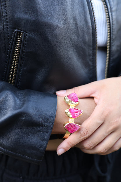 Raw Pink Agate Three Stone Gold Ring