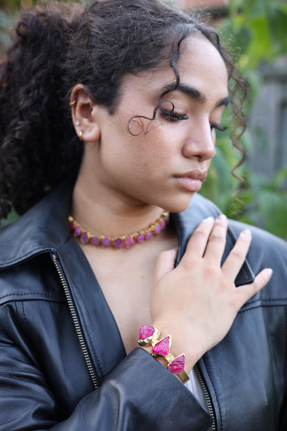 Raw Pink Agate Three Stone Gold Ring