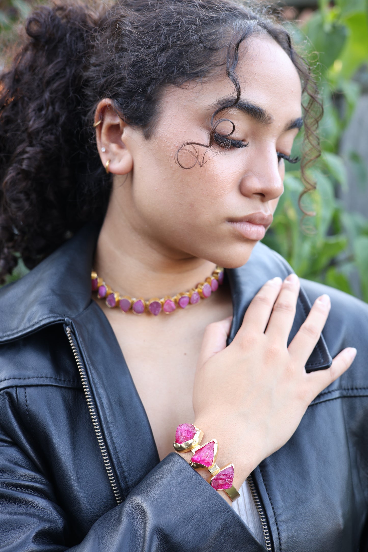 Raw Pink Agate Three Stone Gold Ring