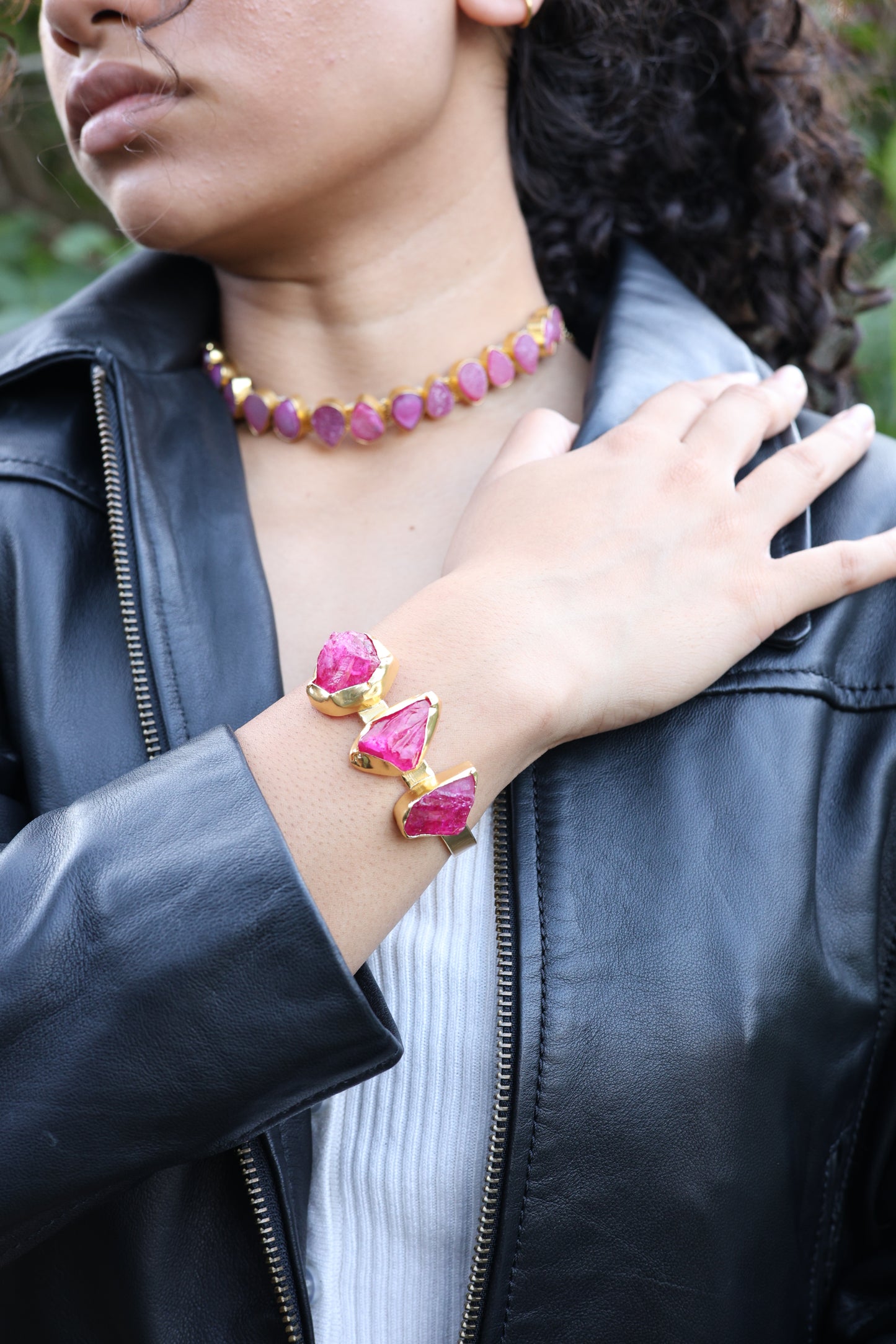 Raw Pink Agate Three Stone Gold Ring