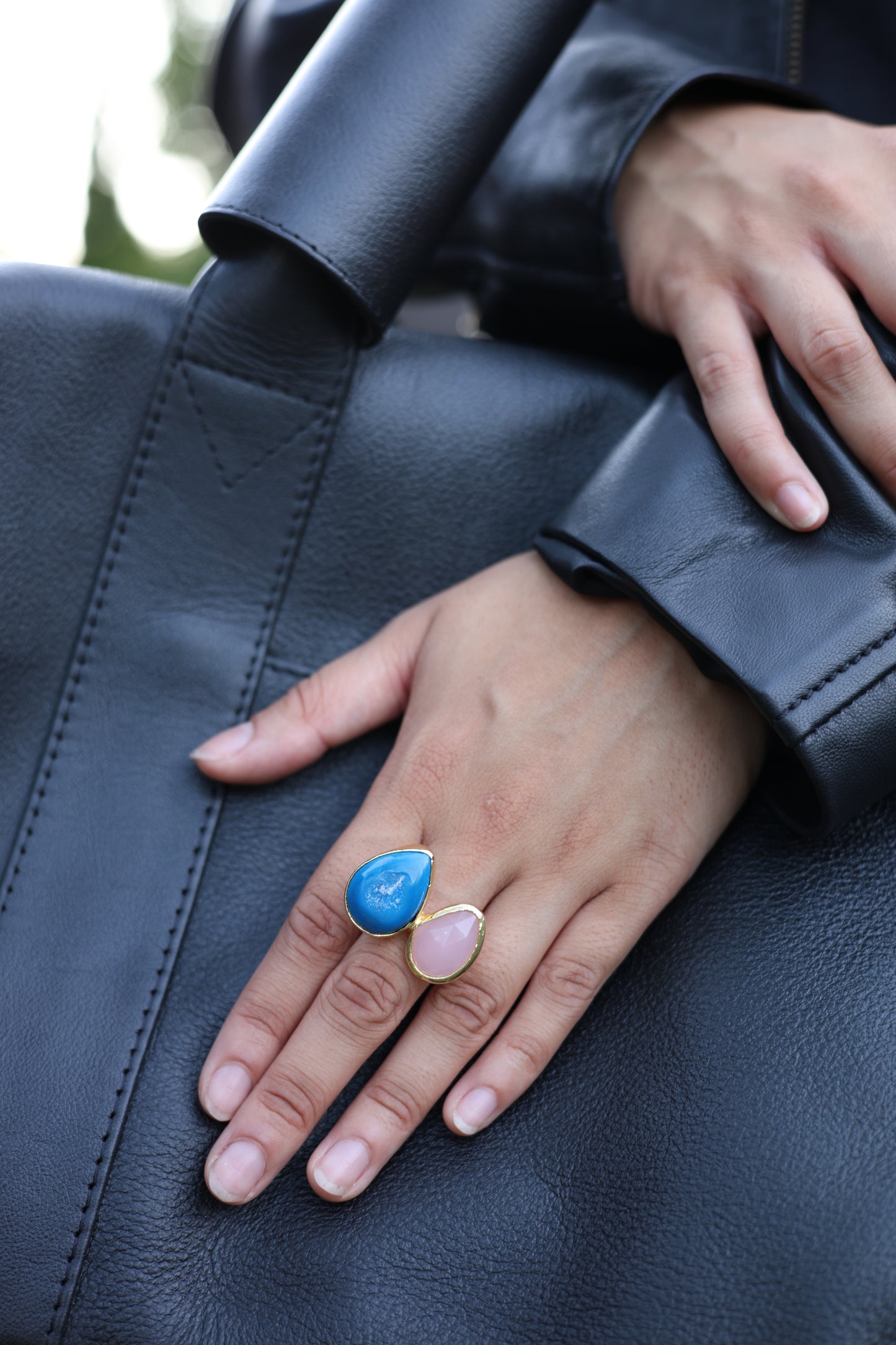 Blue and Pink Cat's Eye Teardrop Ring