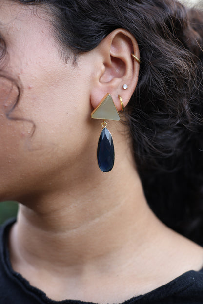 Black Onyx Pearl Triangle Drop Earrings