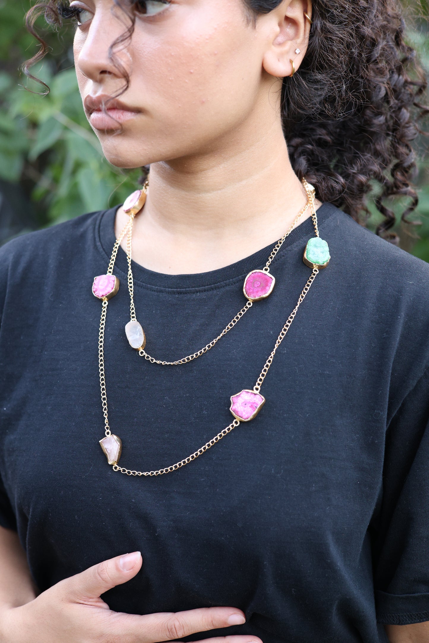 Pink and Blue Raw Agate Gold Link Necklace