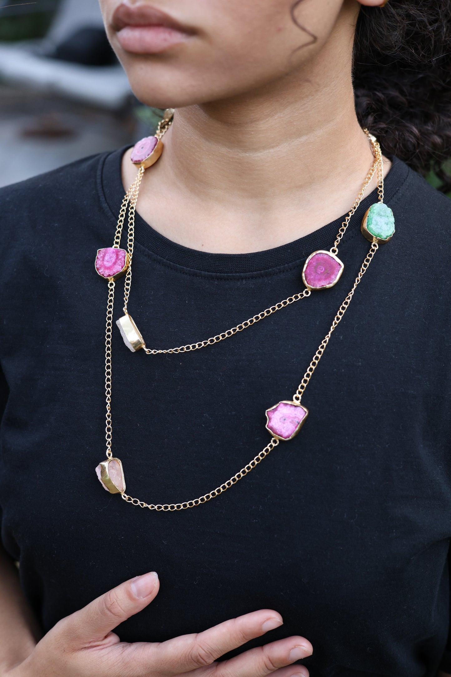 Pink and Blue Raw Agate Gold Link Necklace