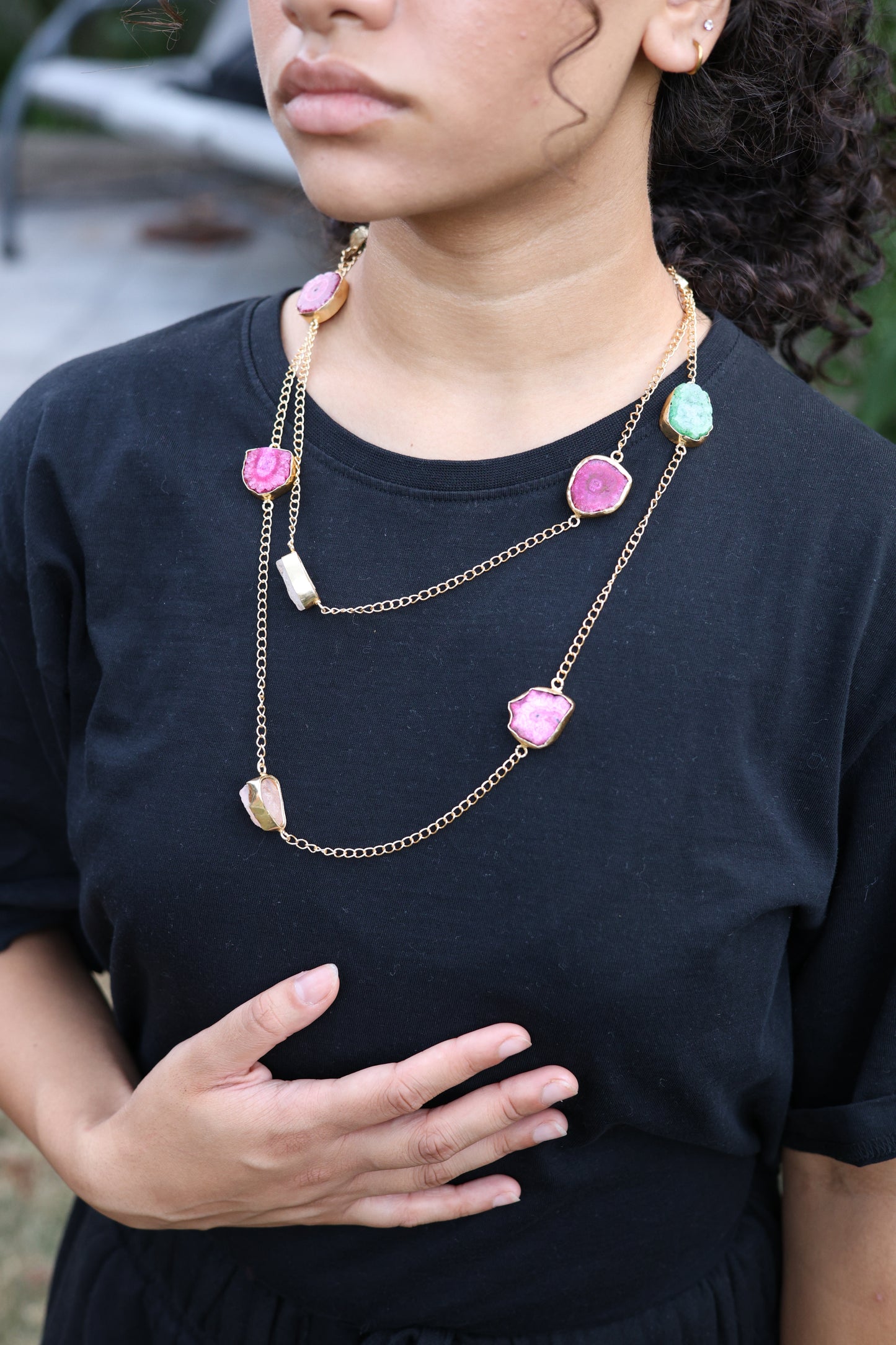 Pink and Blue Raw Agate Gold Link Necklace