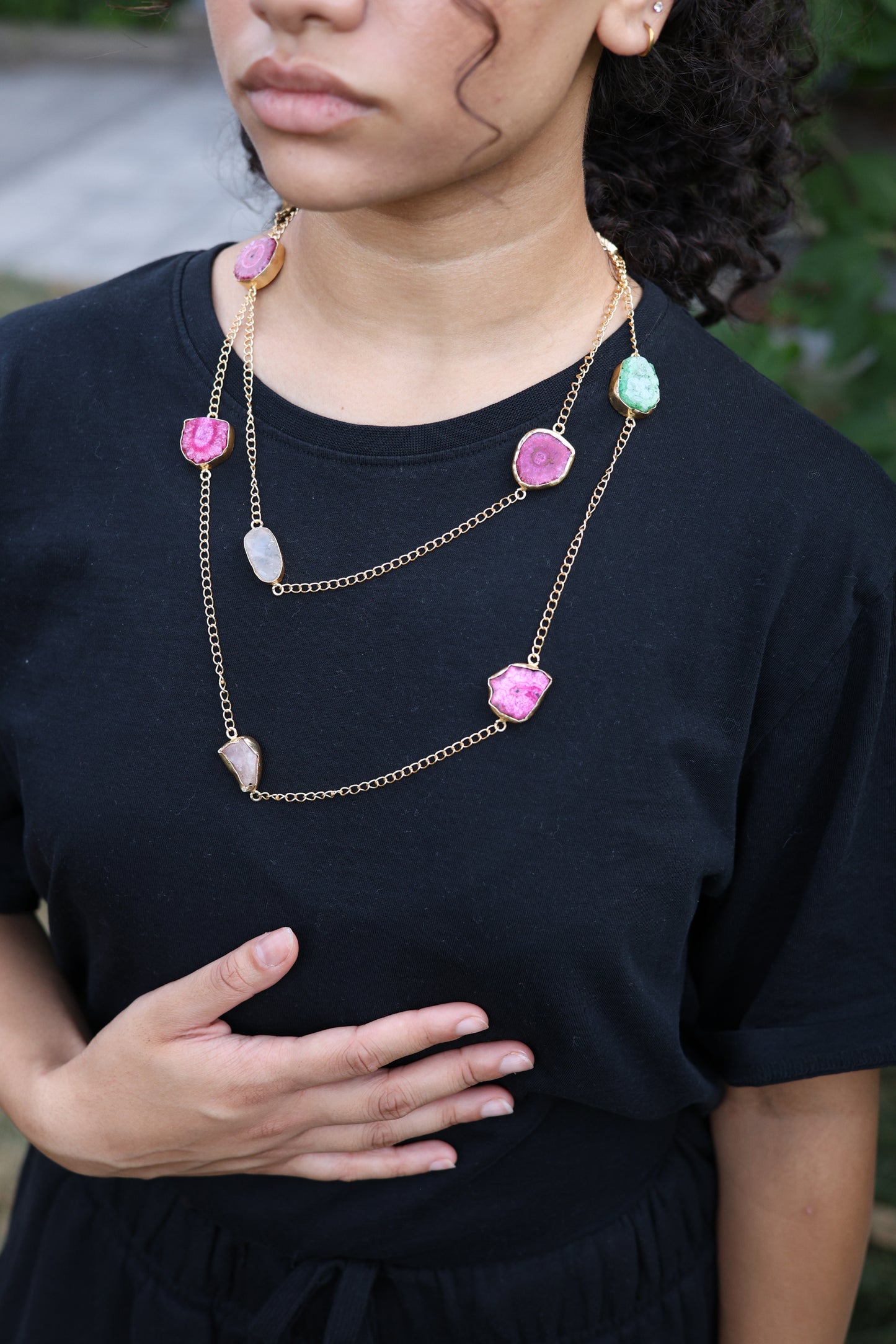 Pink and Blue Raw Agate Gold Link Necklace