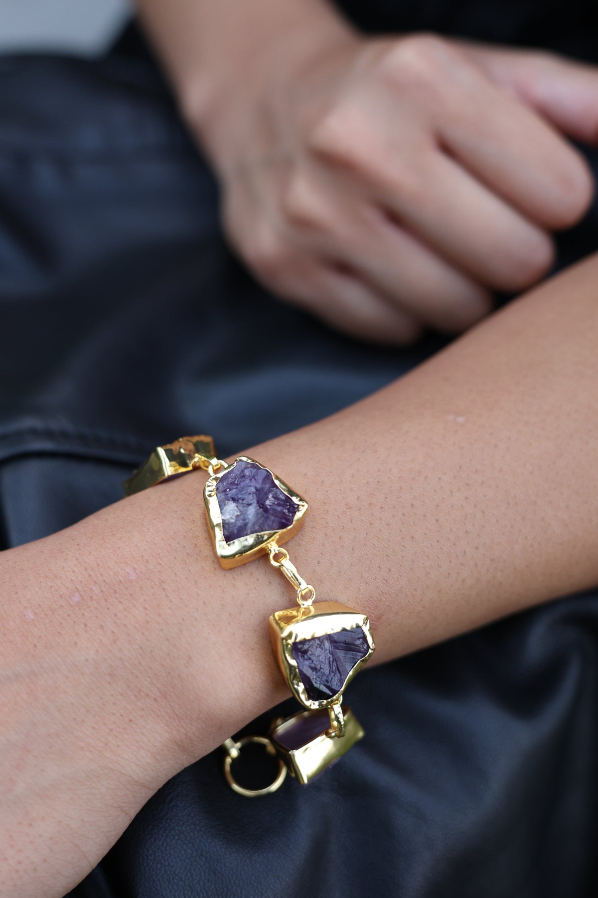 Raw Amethyst Gold Bezel Statement Bracelet