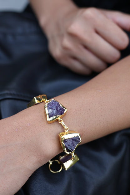 Raw Amethyst Gold Bezel Statement Bracelet