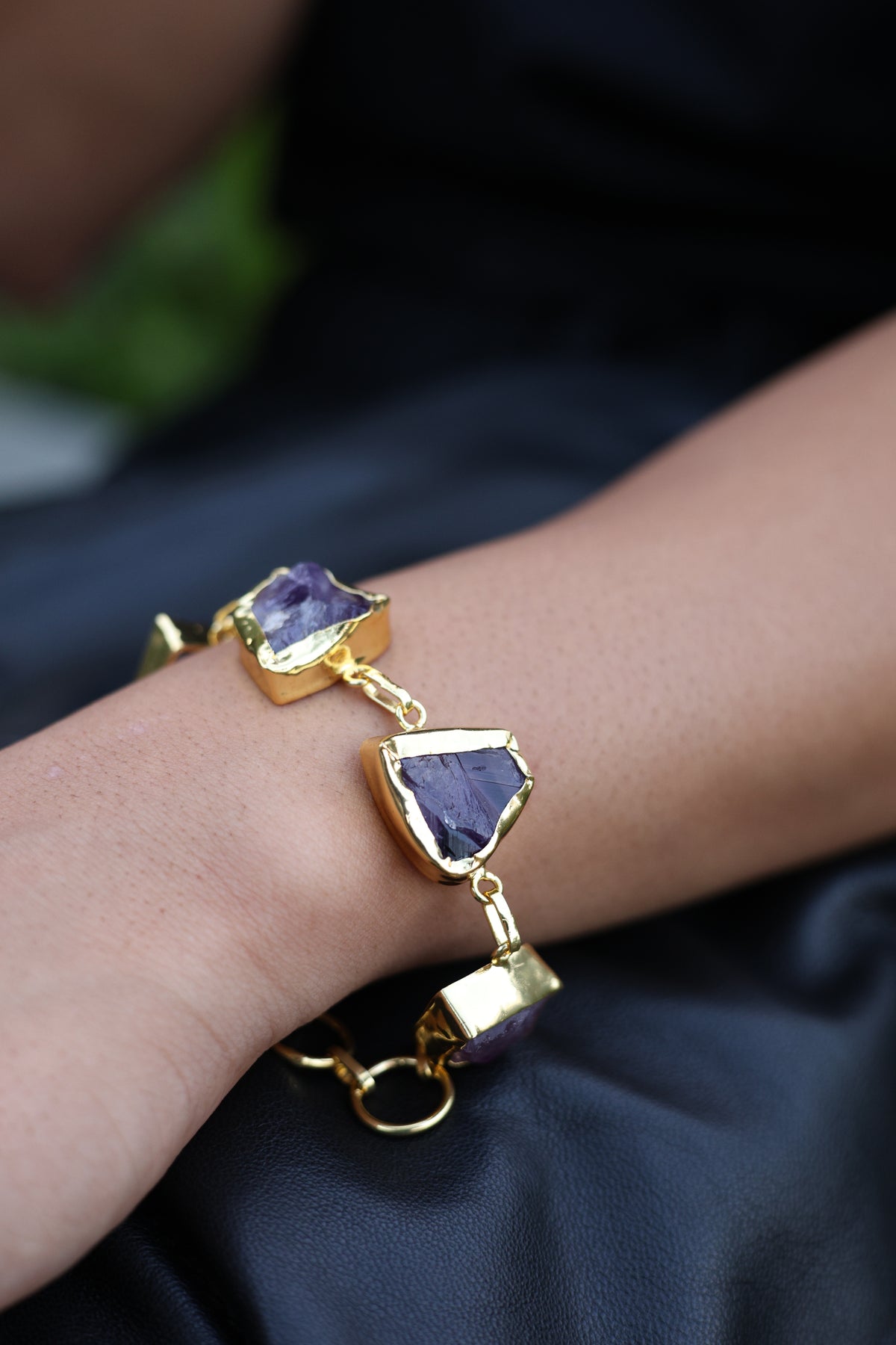 Raw Amethyst Gold Bezel Statement Bracelet