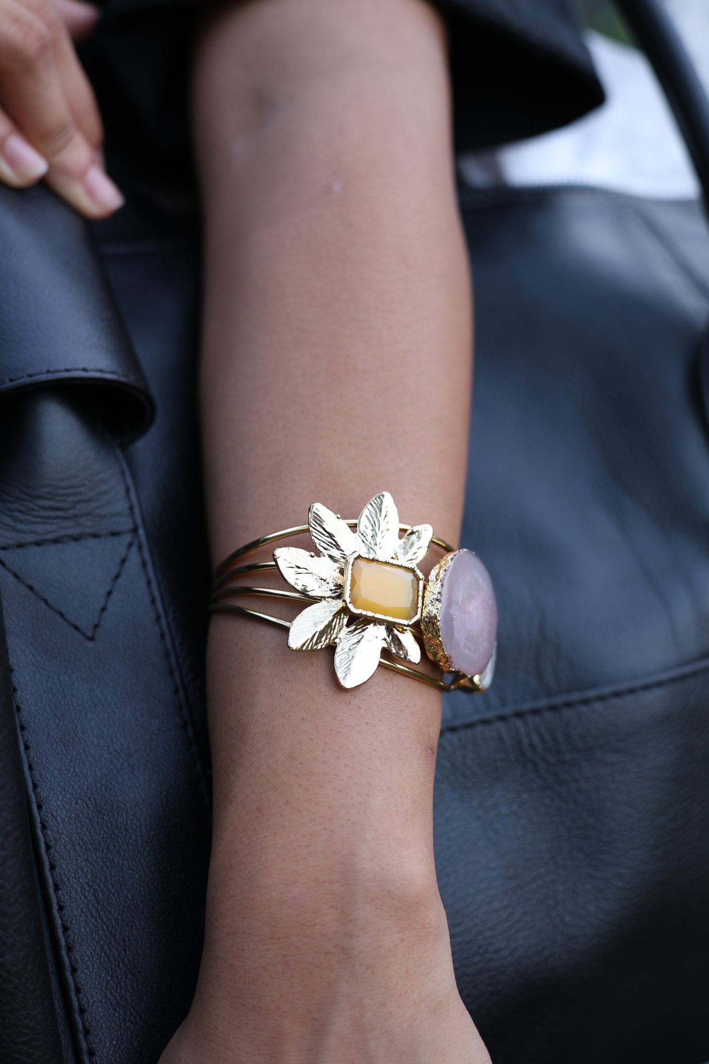 Rose Quartz Floral Statement Cuff