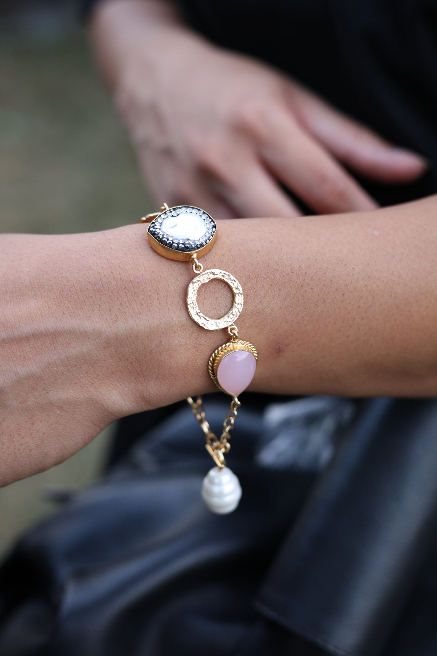 Pink Cat's Eye and Mother of Pearl Link Bracelet