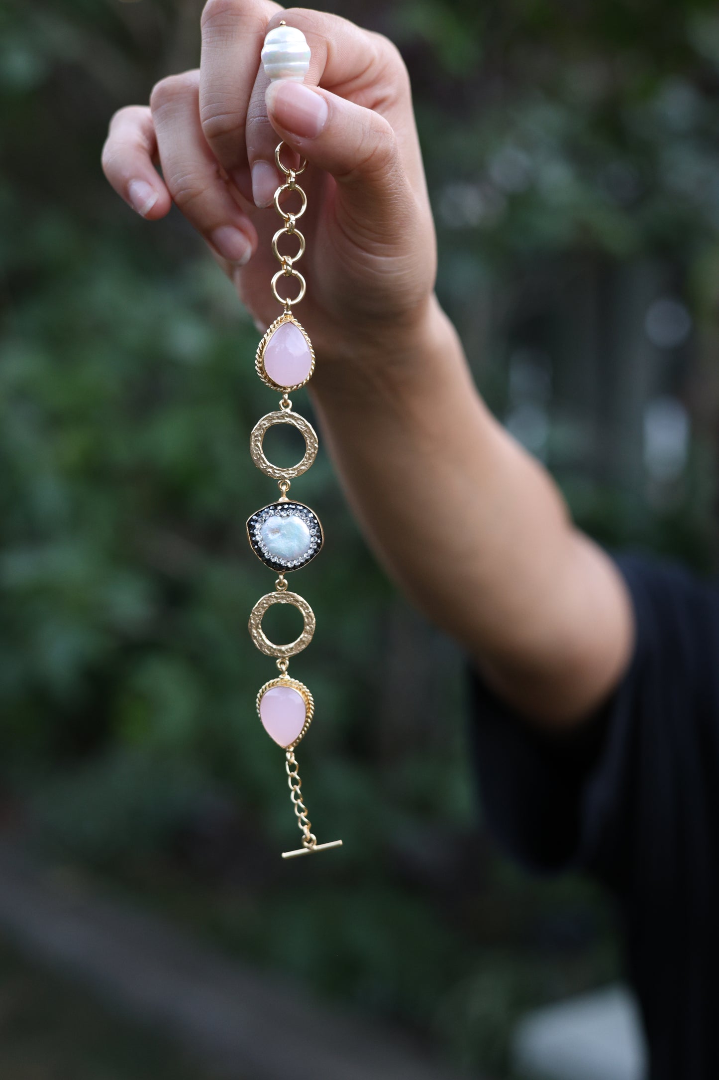 Pink Cat's Eye and Mother of Pearl Link Bracelet