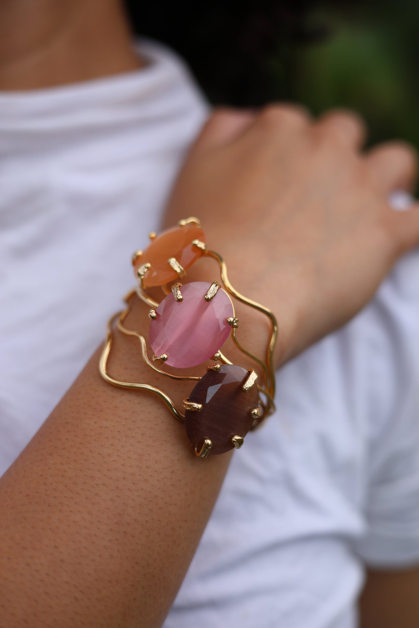 Golden Peach and Pink Cat's Eye Bracelet & Amber Glow Ring