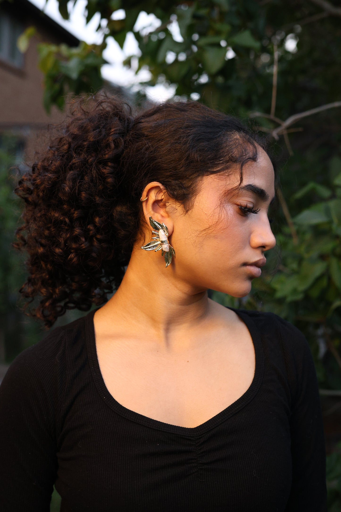 Gold Butterfly Wing Pearl Earrings