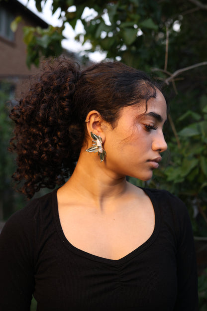 Gold Butterfly Wing Pearl Earrings