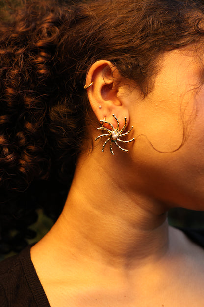 Golden Spider Web Pearl Earrings