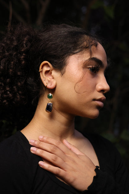 Green Stone and Raw Amethyst Drop Earrings