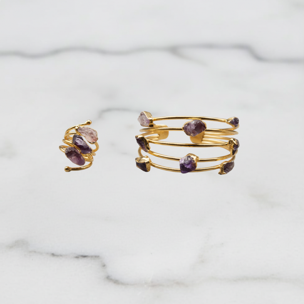 Handmade Raw Amethyst Bracelet and Amethyst Ring