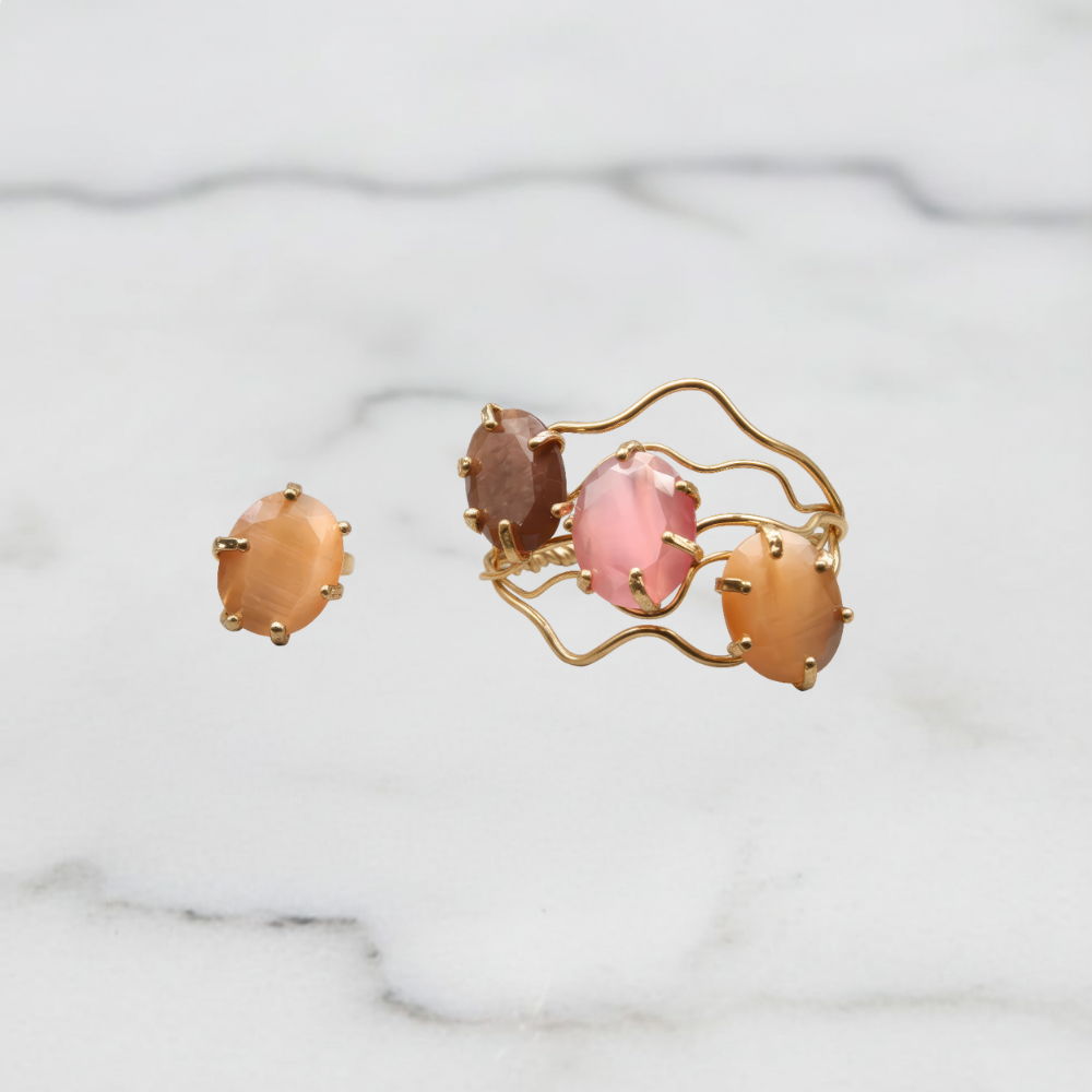 Golden Peach and Pink Cat's Eye Bracelet & Amber Glow Ring