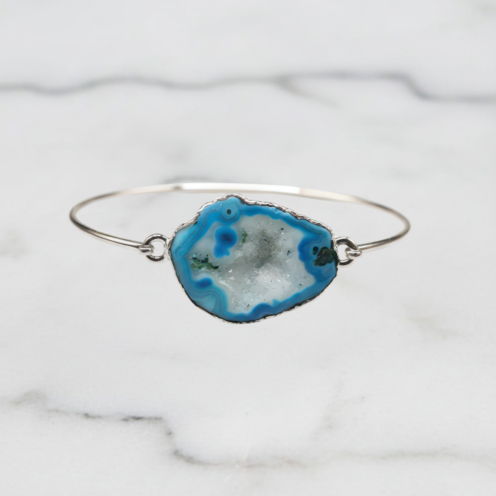 Silver Blue Agate Bangle Bracelet