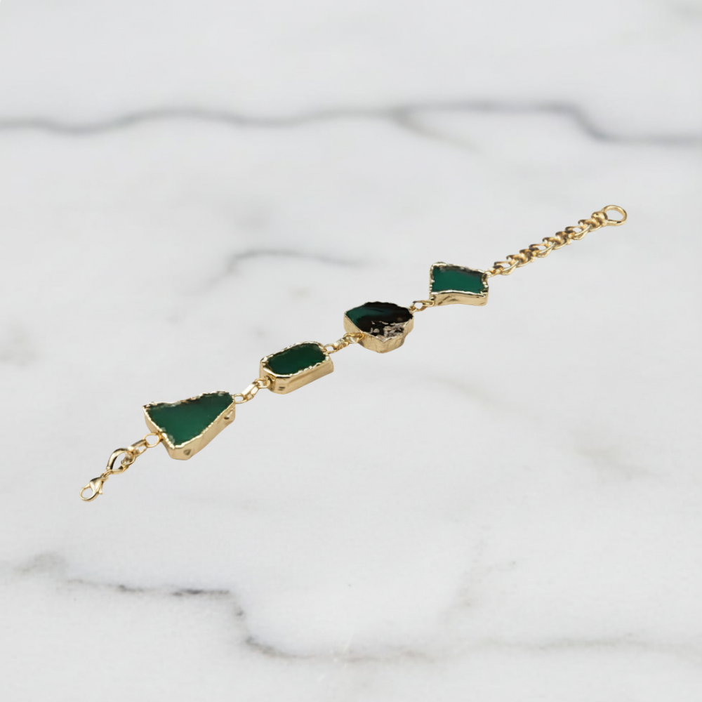 Gold Plated Green Agate Slice Bracelet