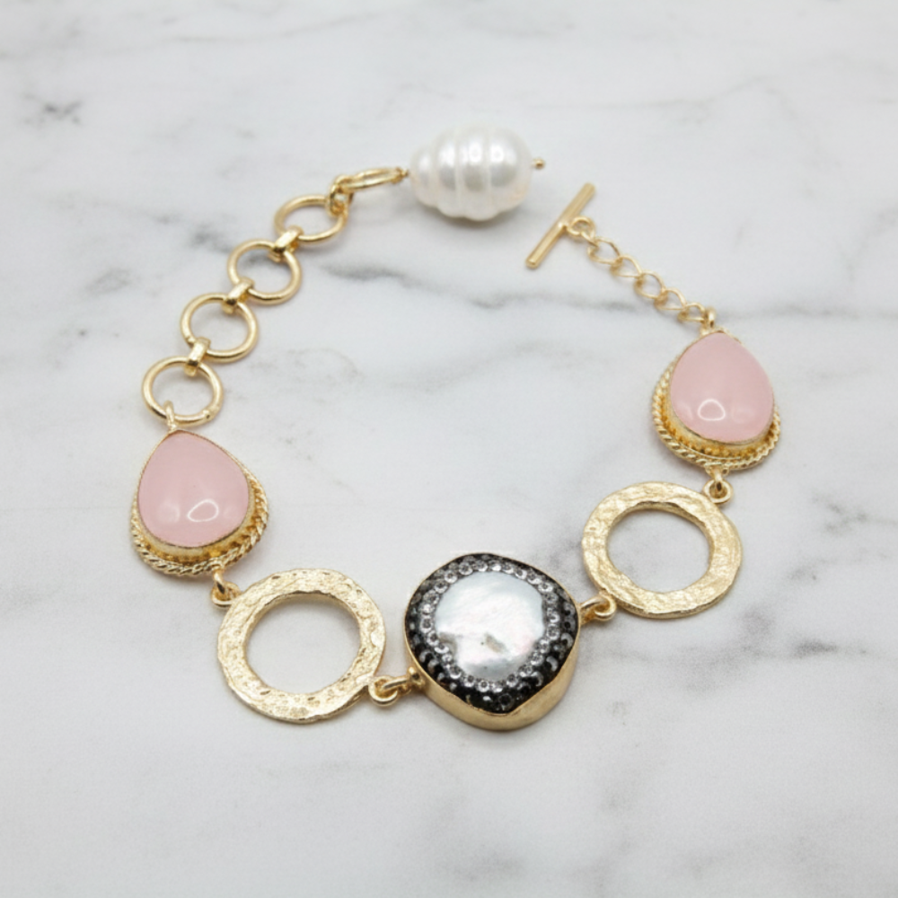 Pink Cat's Eye and Mother of Pearl Link Bracelet
