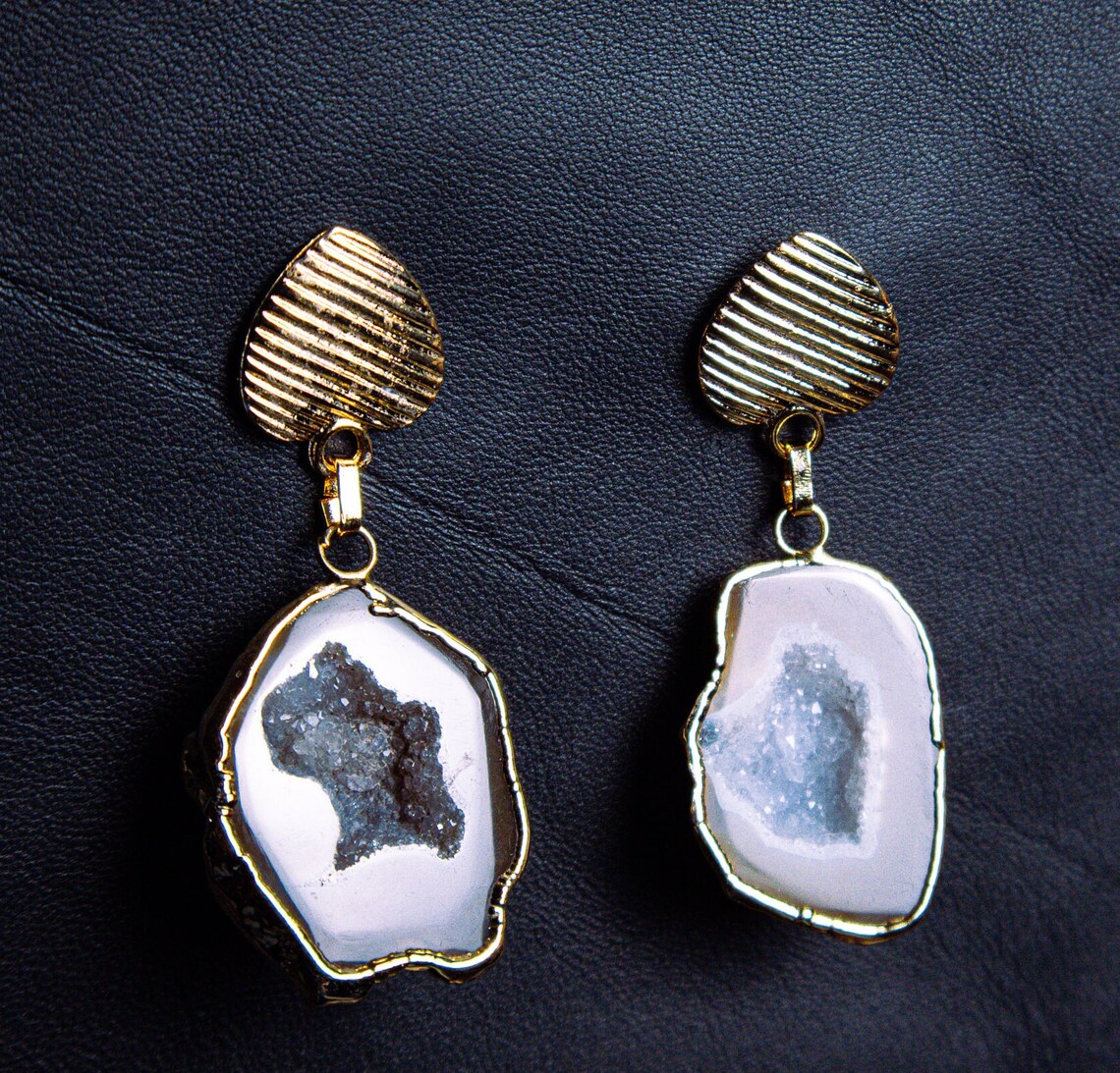 Natural Coffee Brown Agate Geode Slice Earrings