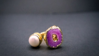 Pink Agate Ring With Real Pearl