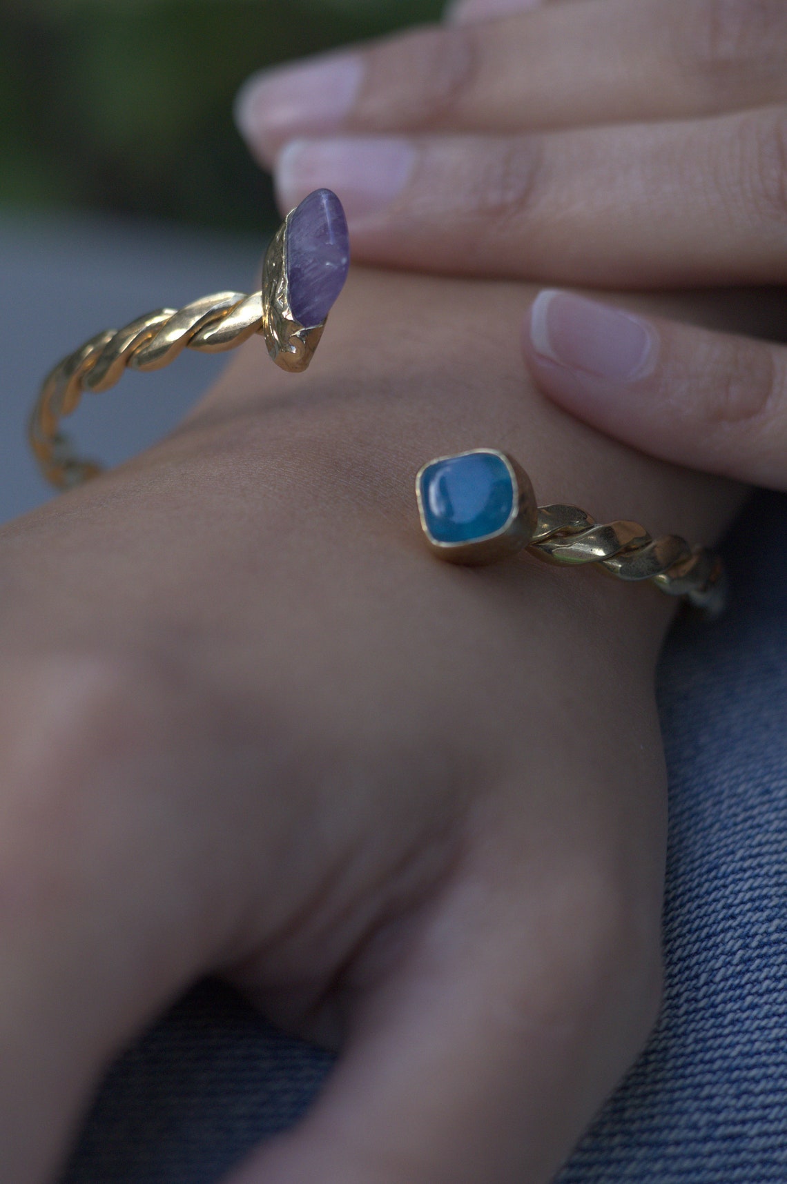 Natural Amethyst and Turquoise stone cuff bracelet