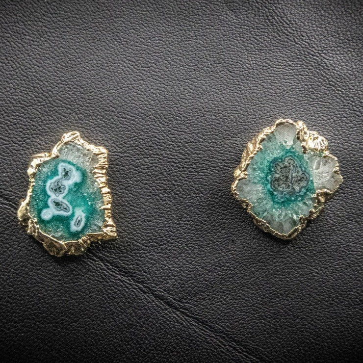 Teal Agate Slice Stud Earrings