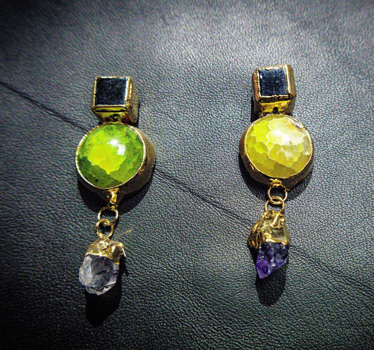 Natural Green Quartz Earring with amethyst underneath