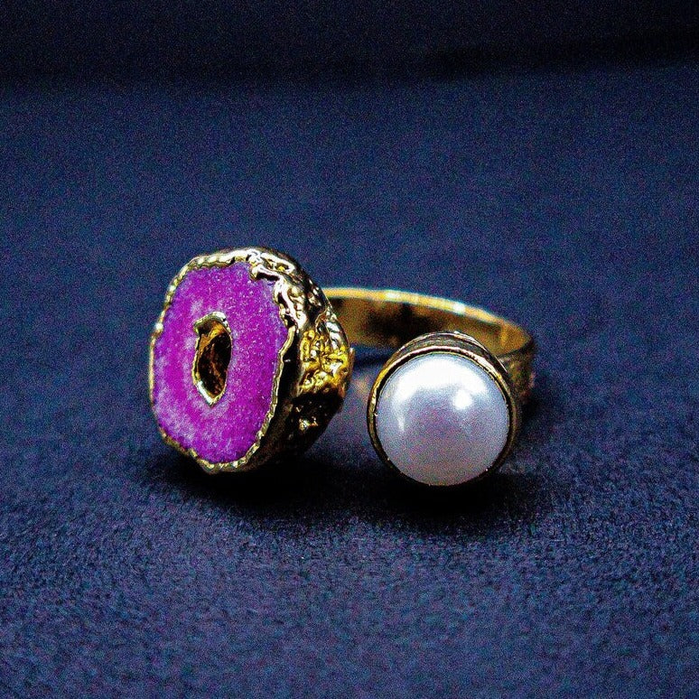 Pink Agate Ring With Real Pearl