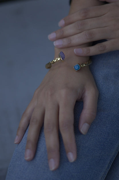 Natural Amethyst and Turquoise stone cuff bracelet