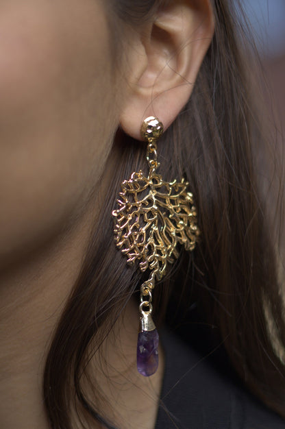 Natural Amethyst Gemstone Coral Earrings