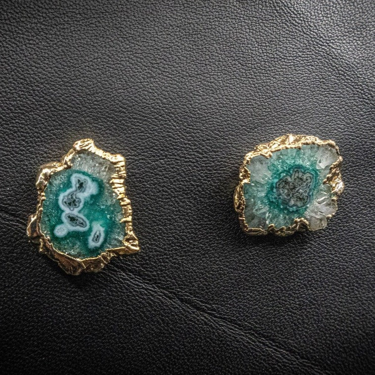 Teal Agate Slice Stud Earrings