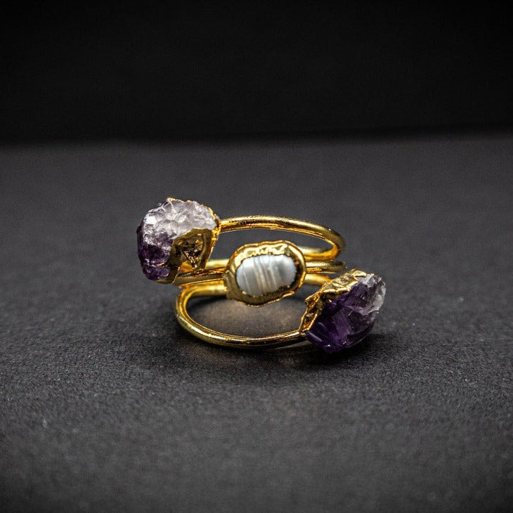 Natural Amethyst And Pearl Gemstone Ring