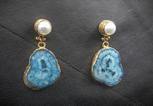 Blue Agate Slice Geode Earrings With Real Pearl