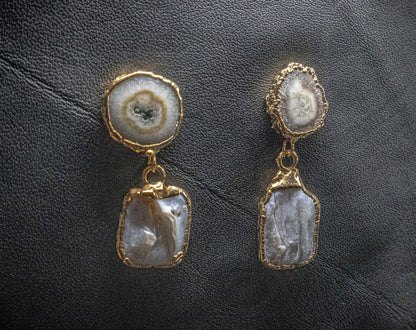 Agate Slice Geode With Baroque Pearl Earrings