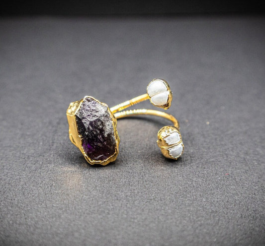 Natural Amethyst And Pearl Gemstone Ring