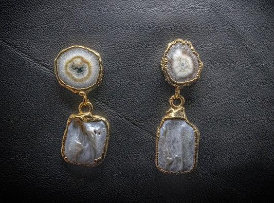 Agate Slice Geode With Baroque Pearl Earrings