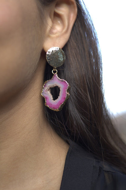 Pink Agate Geode Earrings