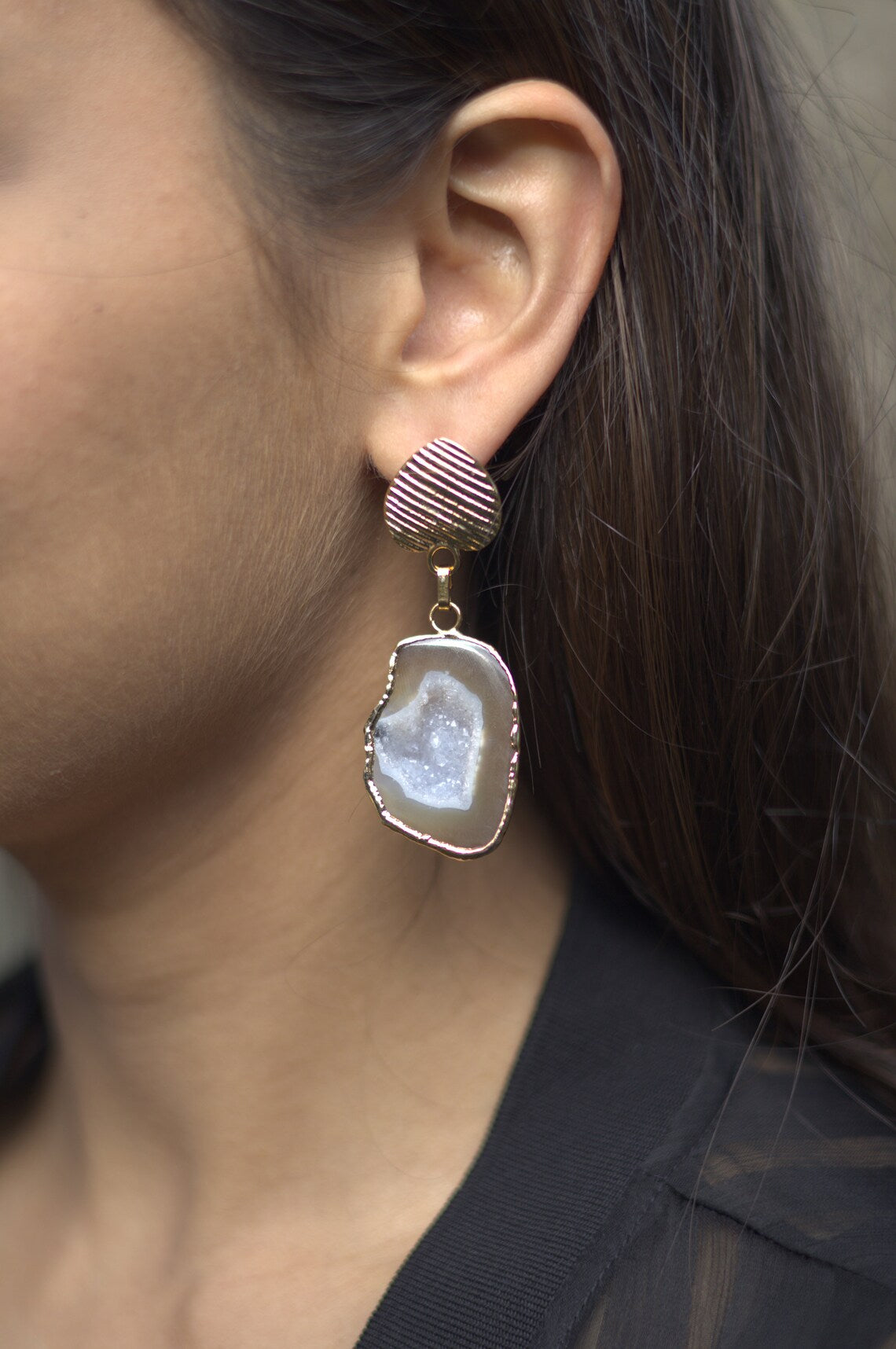 Natural Coffee Brown Agate Geode Slice Earrings