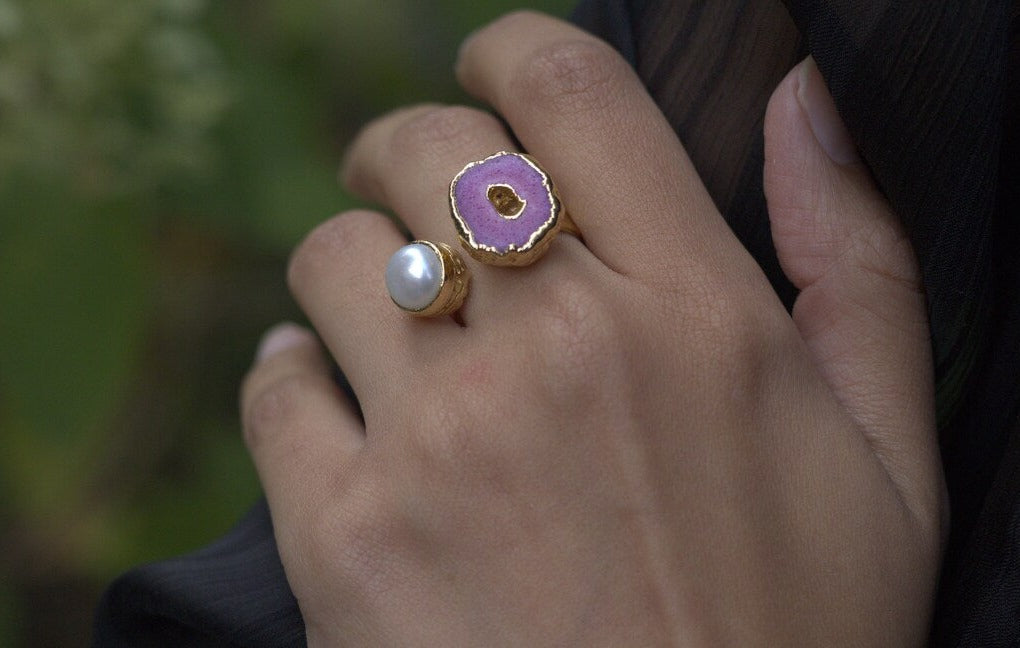 Pink Agate Ring With Real Pearl