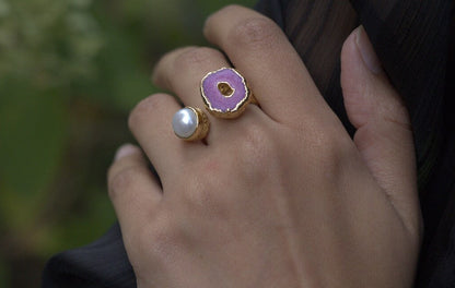 Pink Agate Ring With Real Pearl